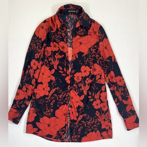 PRETTYLITTLETHING Long Sleeve Deep V Neck Red Floral Oversized Top Size 2 Fall - Picture 11 of 16